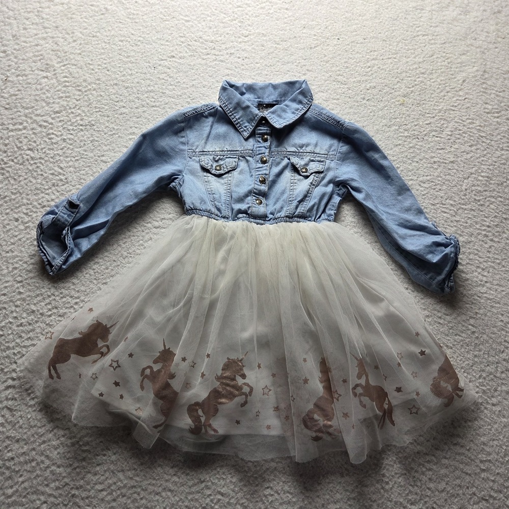 Pink Violet Dress Girls 4 Blue Denim Long Sleeve Unicorn Tutu Party Knee Length